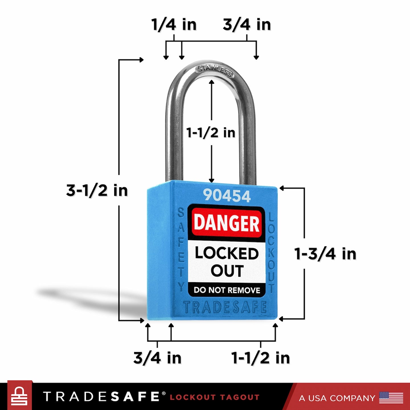 a blue lockout tagout padlock with dimensions