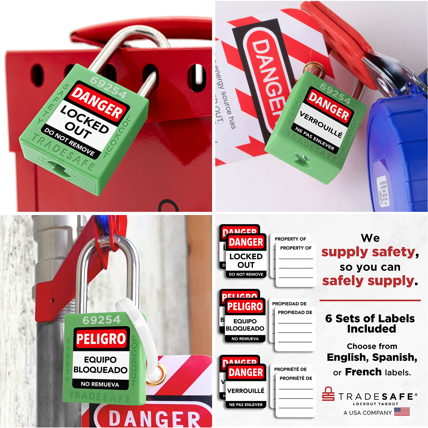 collage: 3 green tradesafe padlocks in use, labeled in english, french, and spanish