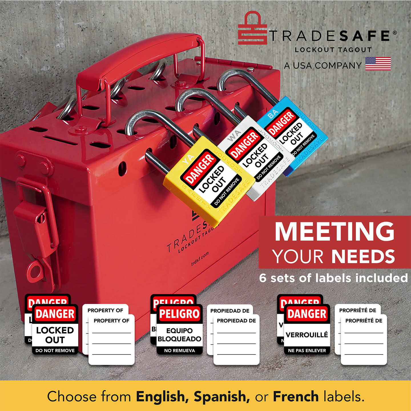 infographic: keyed different loto locks on group lockout box; 6 label sets: english, french, spanish.
