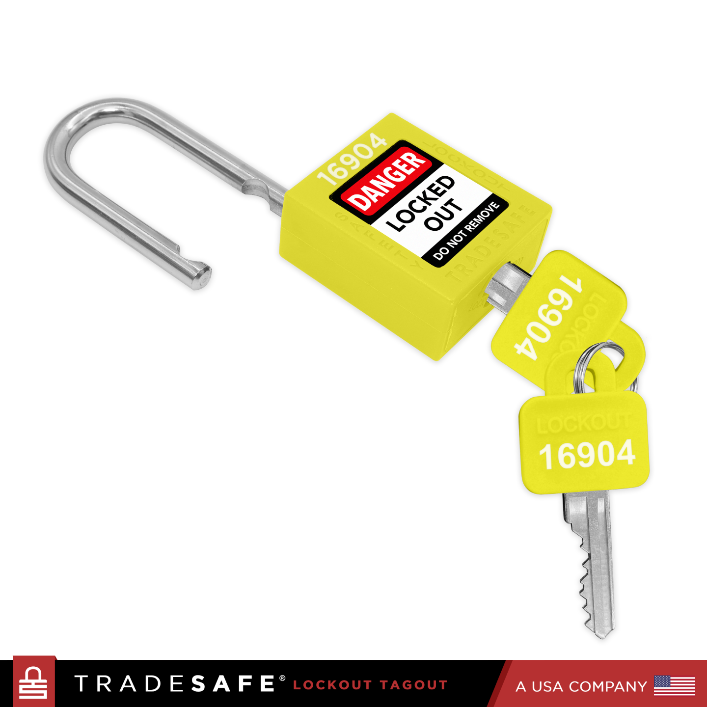 a yellow loto padlock with 2 keys, 1 key inserted