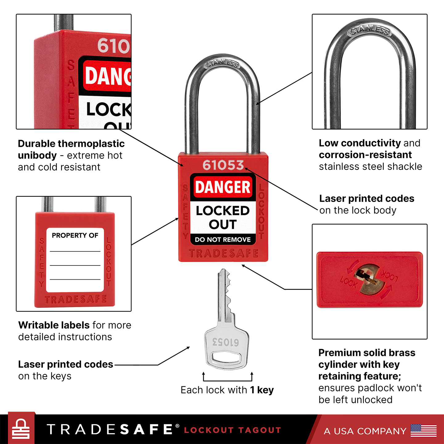 Red Keyed Different Lockout Locks - 1 Key - 10 Pack | TRADESAFE