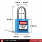 a blue lockout tagout padlock with dimensions