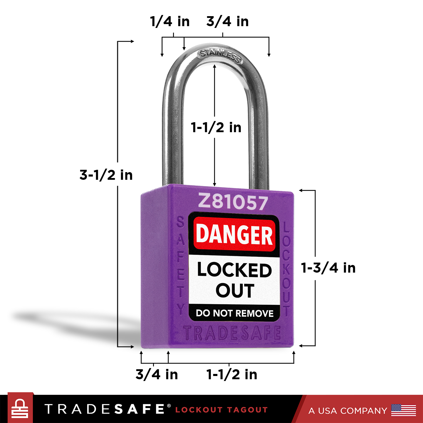 a purple lockout tagout padlock with dimensions