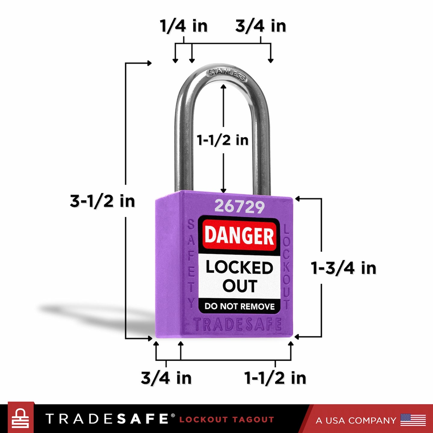 a purple lockout tagout padlock with dimensions