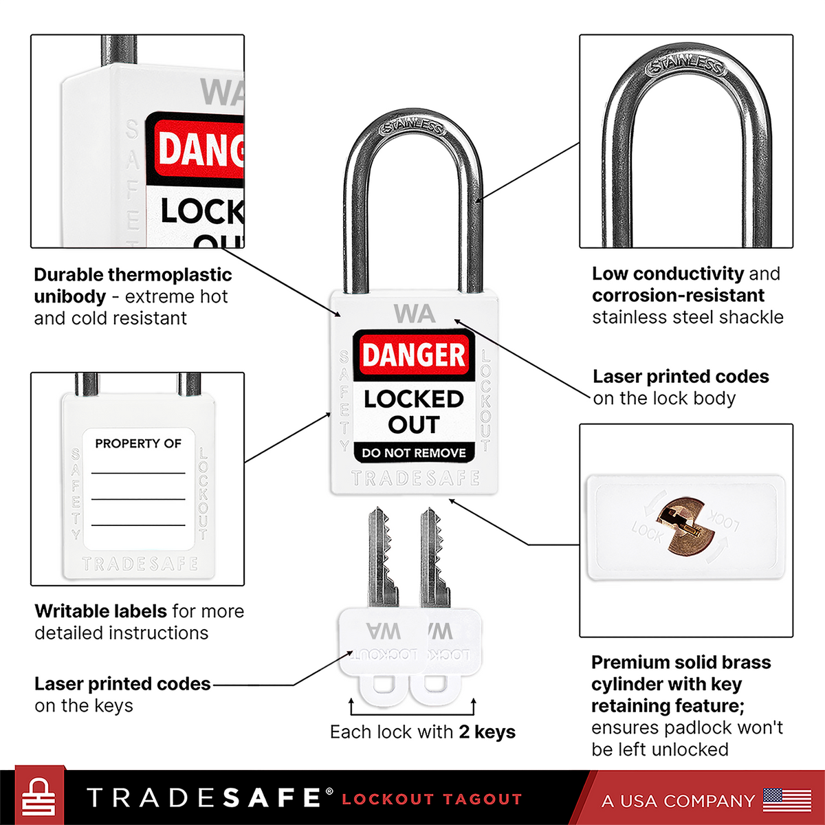 Tradesafe Lock White Keyed Alike Padlocks Unlimited -2 Keys - 10 Pack | TRADESAFE
