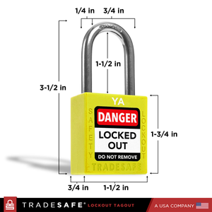 a yellow lockout tagout padlock with dimensions