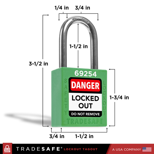 green lockout tagout padlock with dimensions