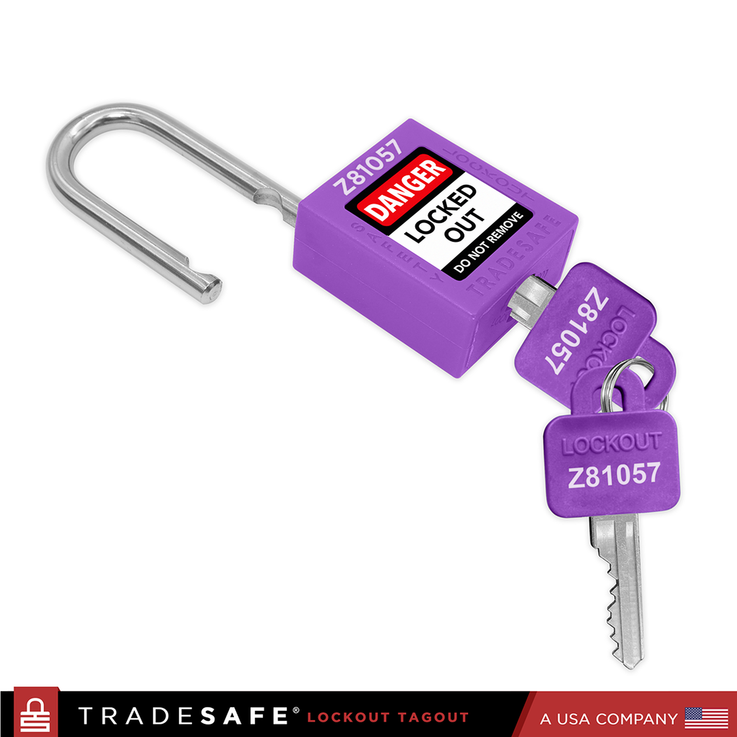 a purple loto padlock with 2 keys, 1 key inserted