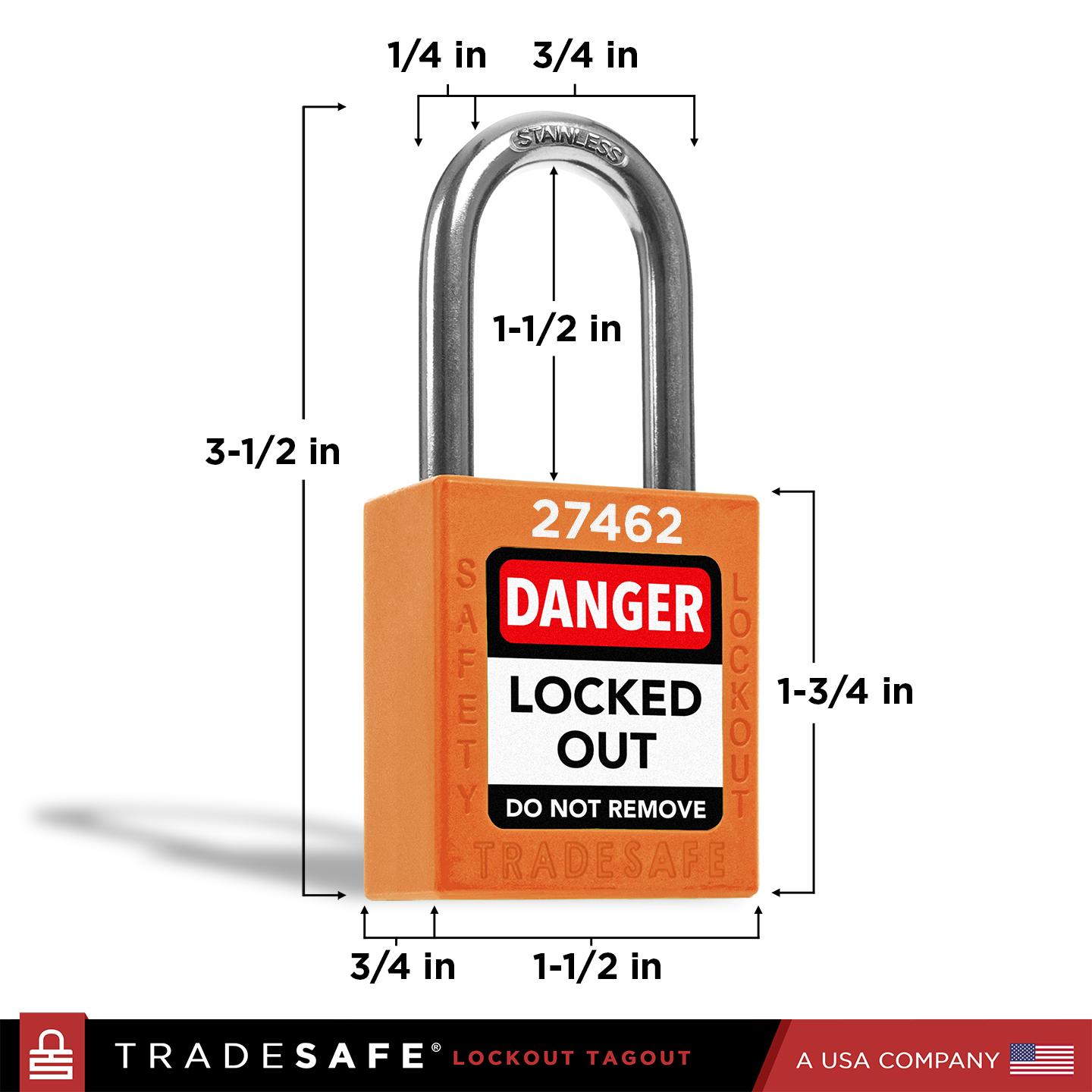 Orange safety lockout tagout with dimensions