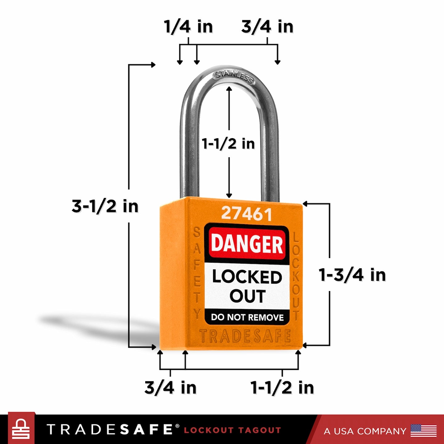 Orange safety lockout tagout with dimensions