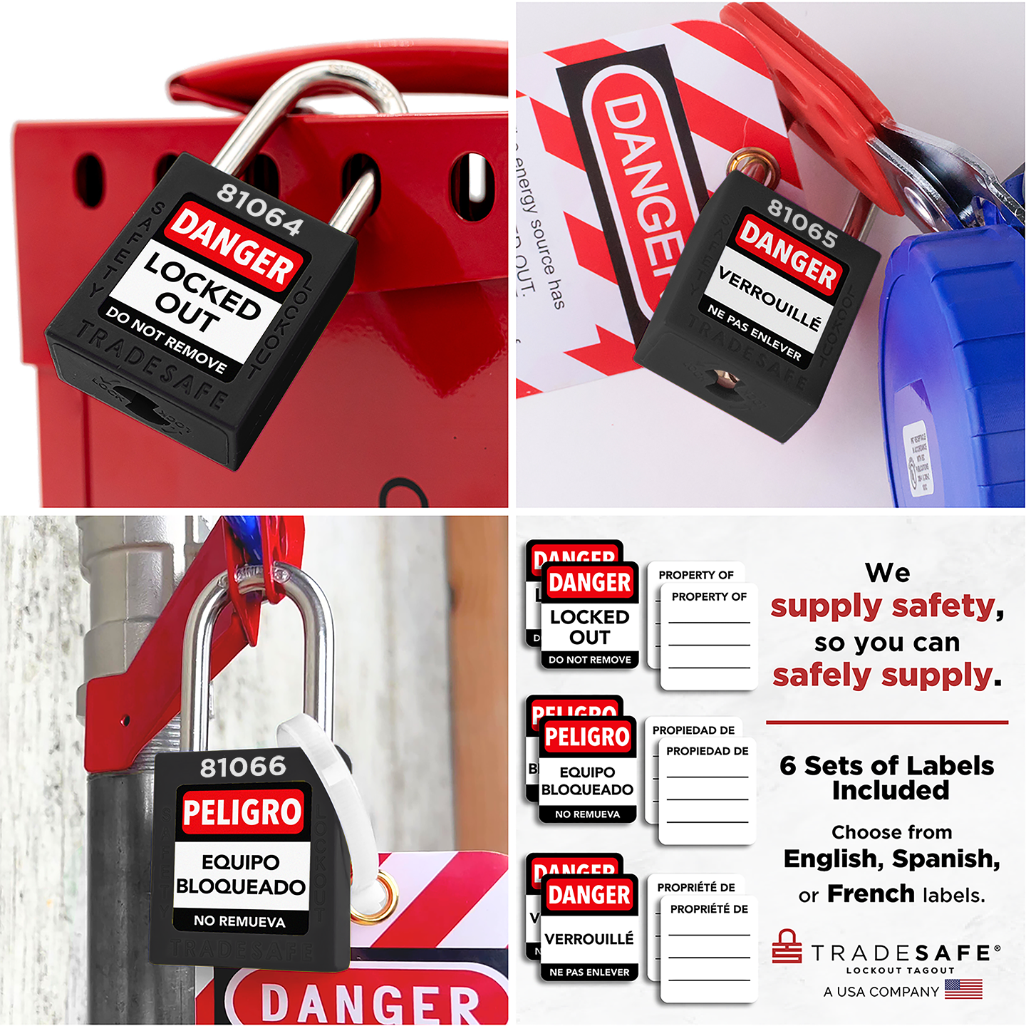 collage: 3 black tradesafe padlocks in use, labeled in english, french, and spanish