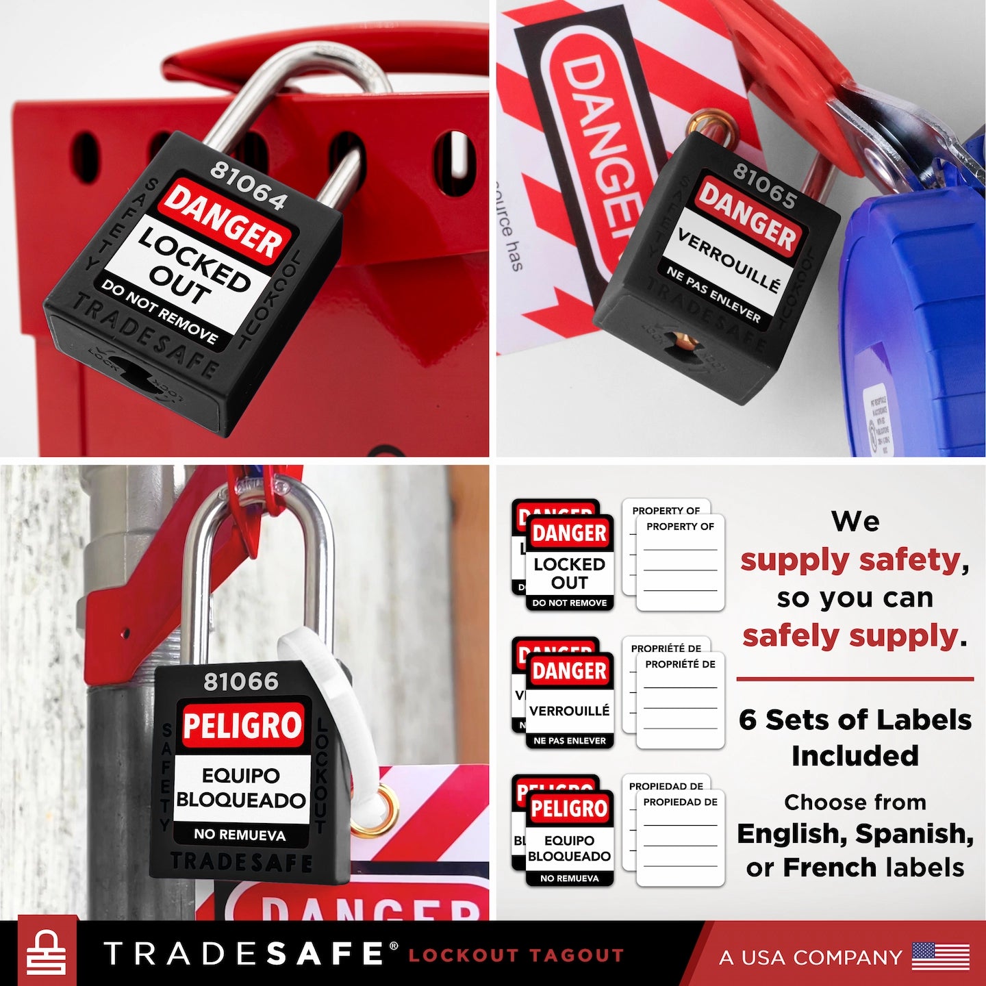 collage: 3 black tradesafe padlocks in use, labeled in english, french, and spanish