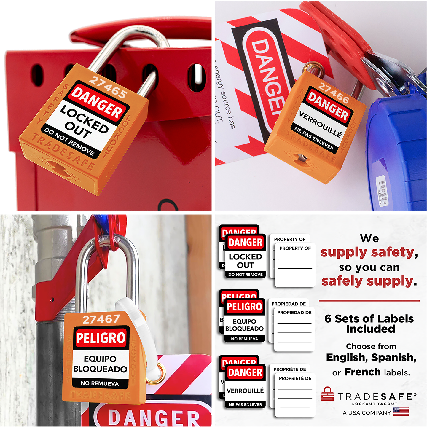 collage: 3 orange tradesafe padlocks in use, labeled in english, french, and spanish