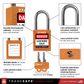 Lockout tagout lock with features, including durable thermoplastic body and stainless steel shackle.