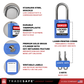 infographic of a blue loto lock with 2 keys indicating materials used in each part