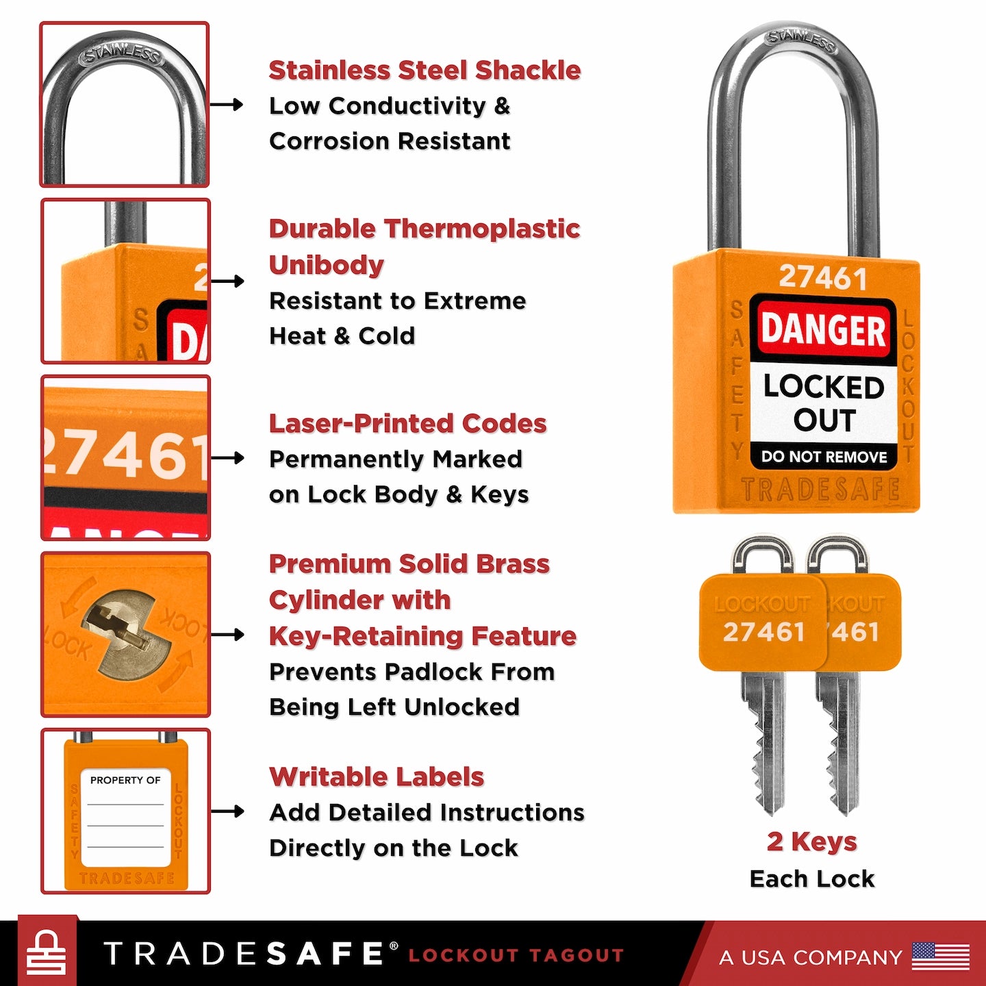 Lockout tagout lock with features, including durable thermoplastic body and stainless steel shackle.