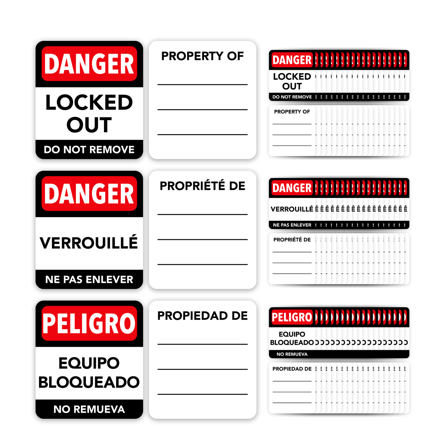 Lockout Tagout Padlock Labels - English, Spanish, French - Pack of 60