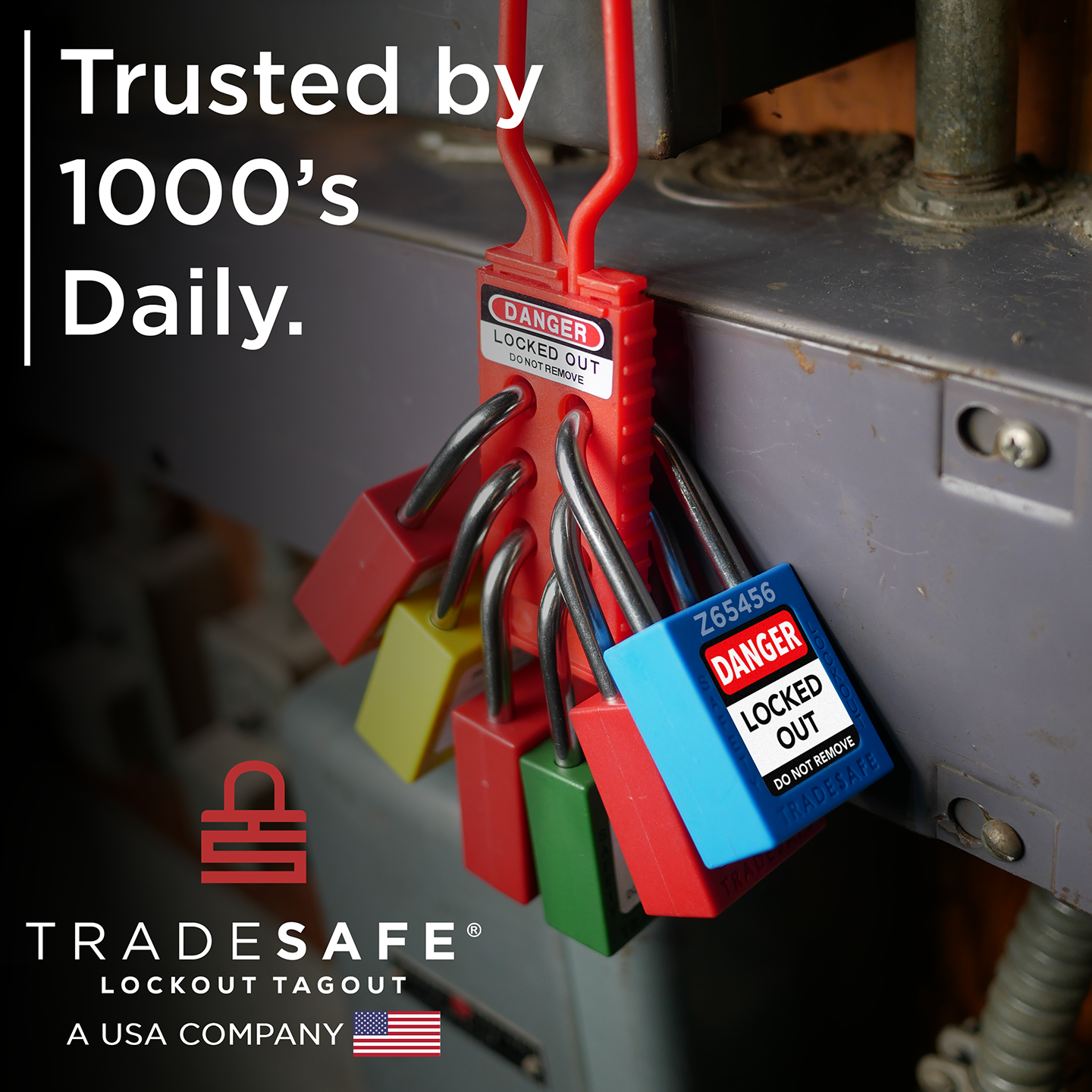 tradesafe: trusted by 1000's daily, loto locks in-use on nylon hasp