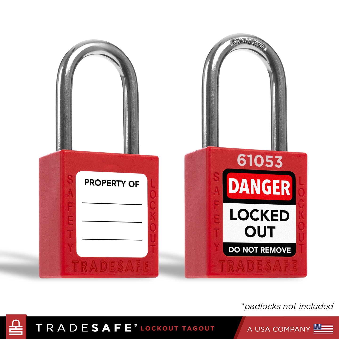 two red padlocks displaying front and back labels