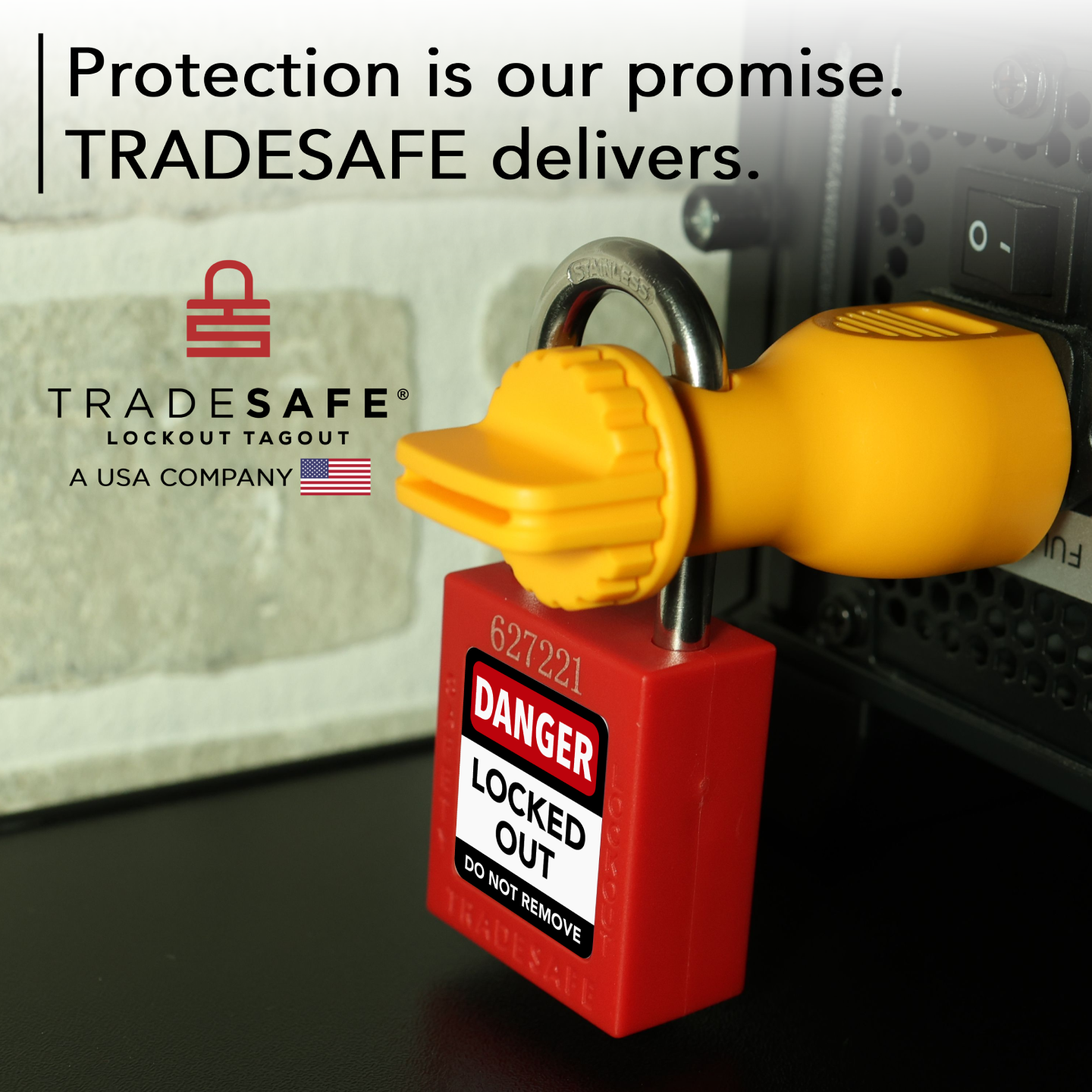 TRADESAFE power plug lock: protection is our promise. tradesafe delivers.
