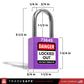 a purple lockout tagout padlock with dimensions