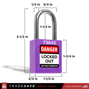 a purple lockout tagout padlock with dimensions