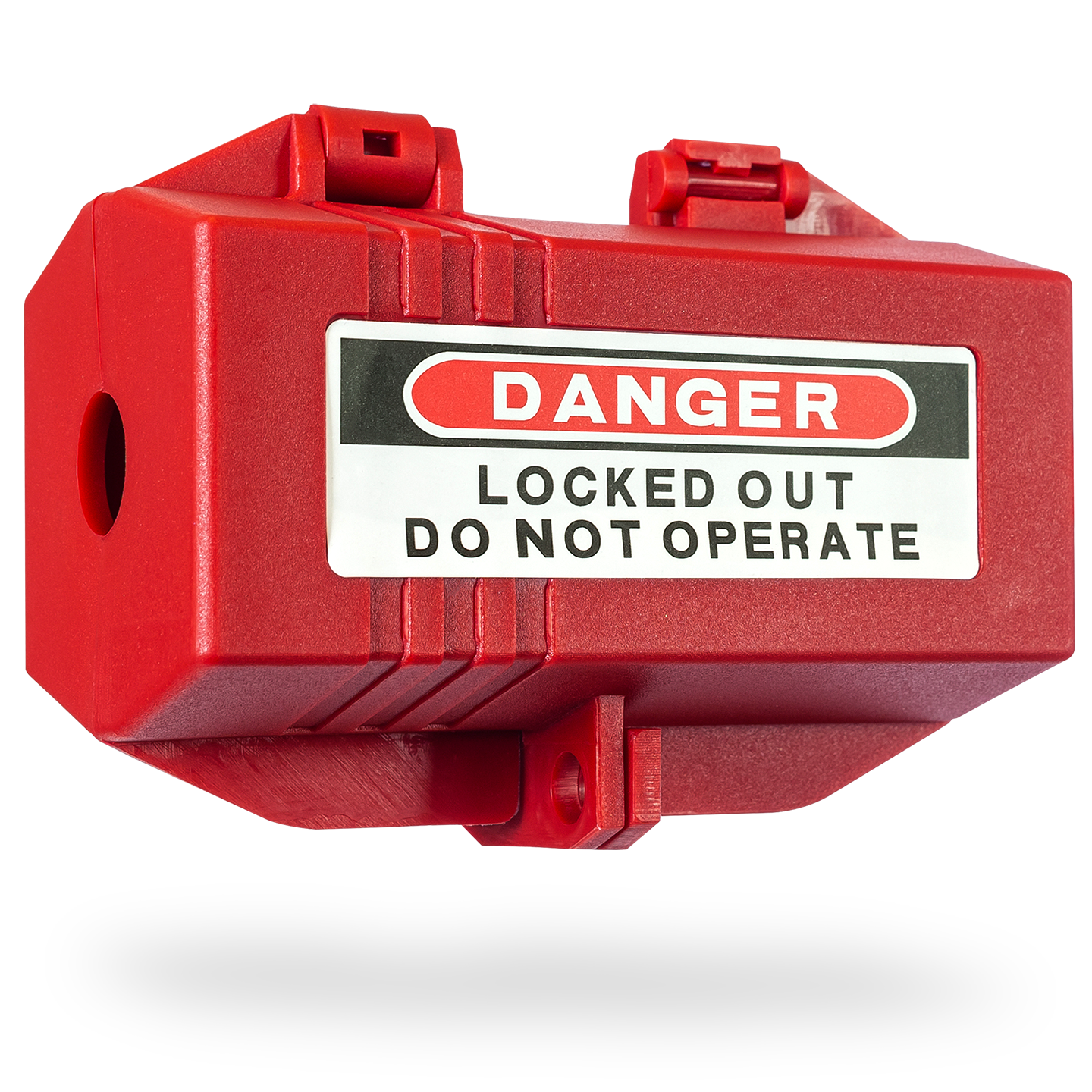 eye-level slanted front view of a closed red plug lockout