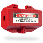 eye-level slanted front view of a closed red plug lockout