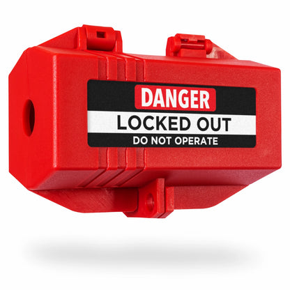 eye-level slanted front view of a closed red plug lockout