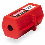 eye-level slanted front view of a closed red plug lockout