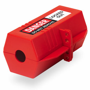 eye-level slanted front view of a closed red plug lockout