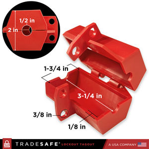 dimension: small power plug lock fits 1-3/4 inch x 3-1/4 inch plugs and 1/2 inch cords