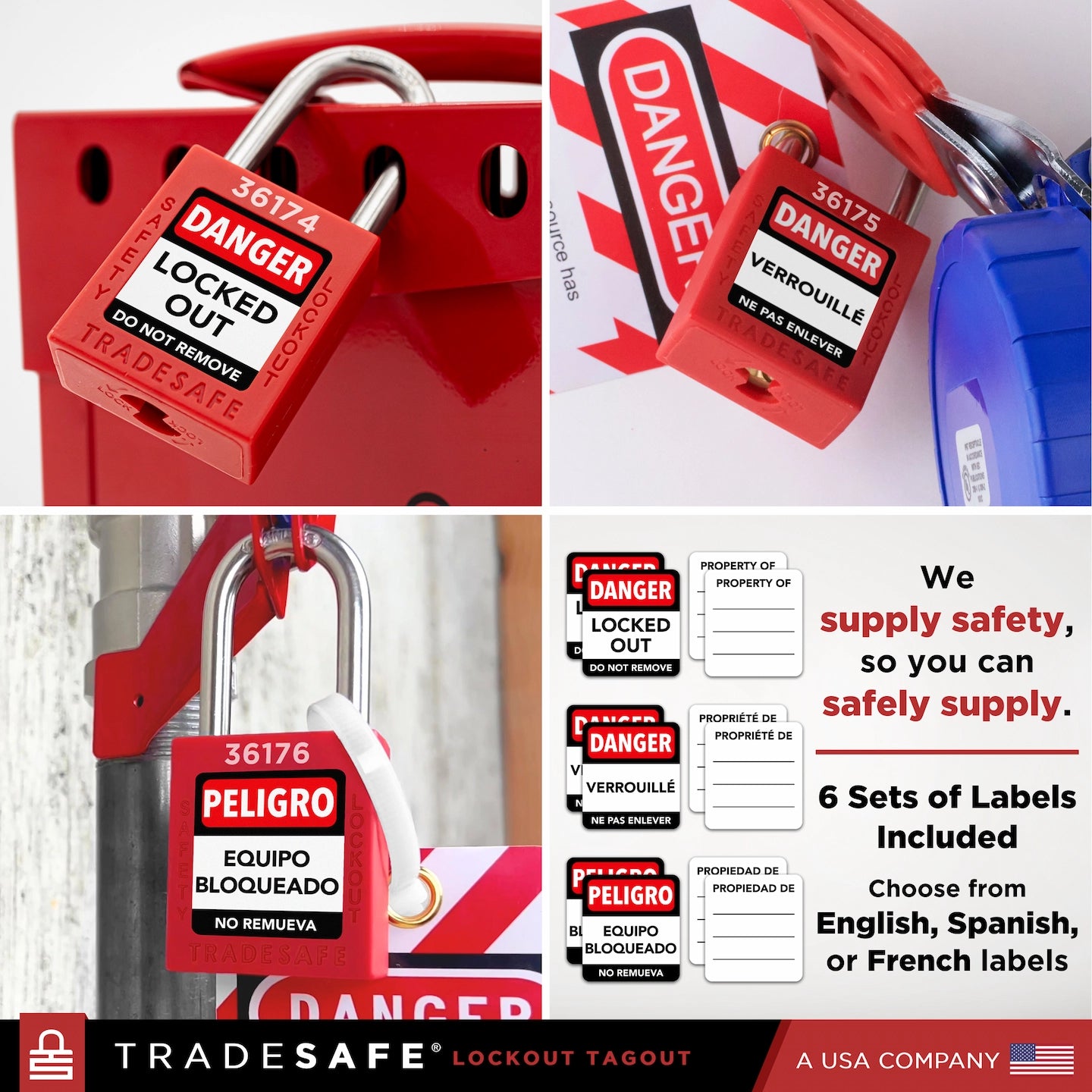 infographic: keyed different loto locks on group lockout box; 6 label sets: english, french, spanish.