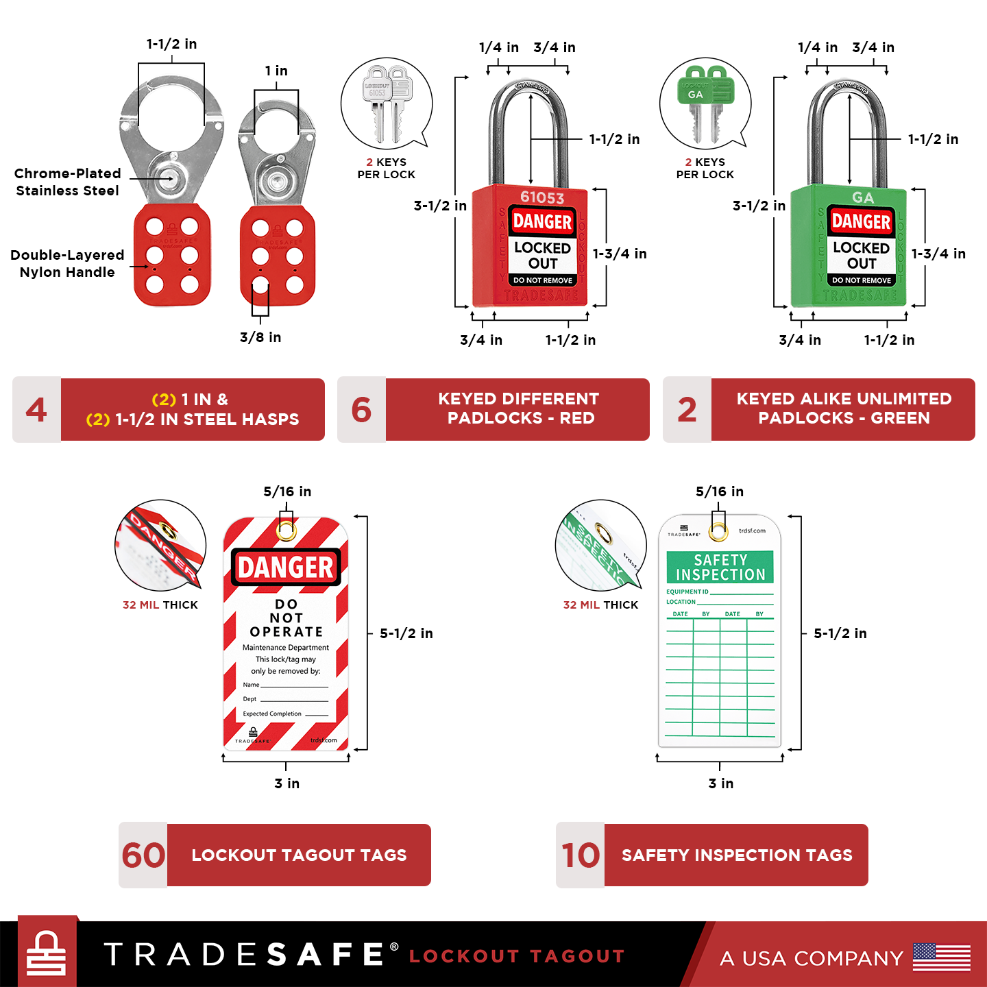 dimensions and quantities of hasps, tags, and locks