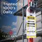 Tradesafe scaffold tag and holder in an outdoor construction setting. Trusted by 1000's Daily branding