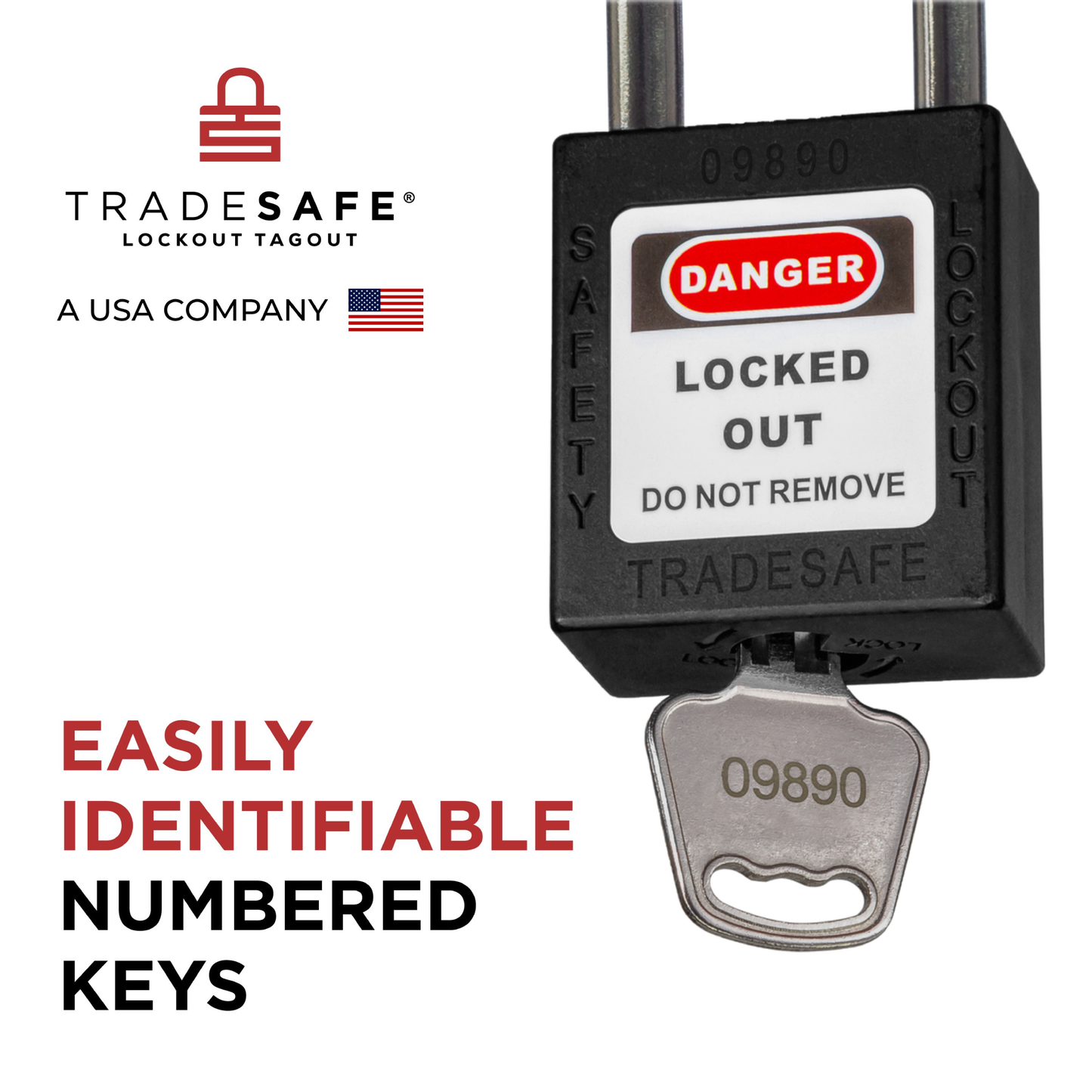 tradesafe black padlock key infographics; easily identifiable numbered keys