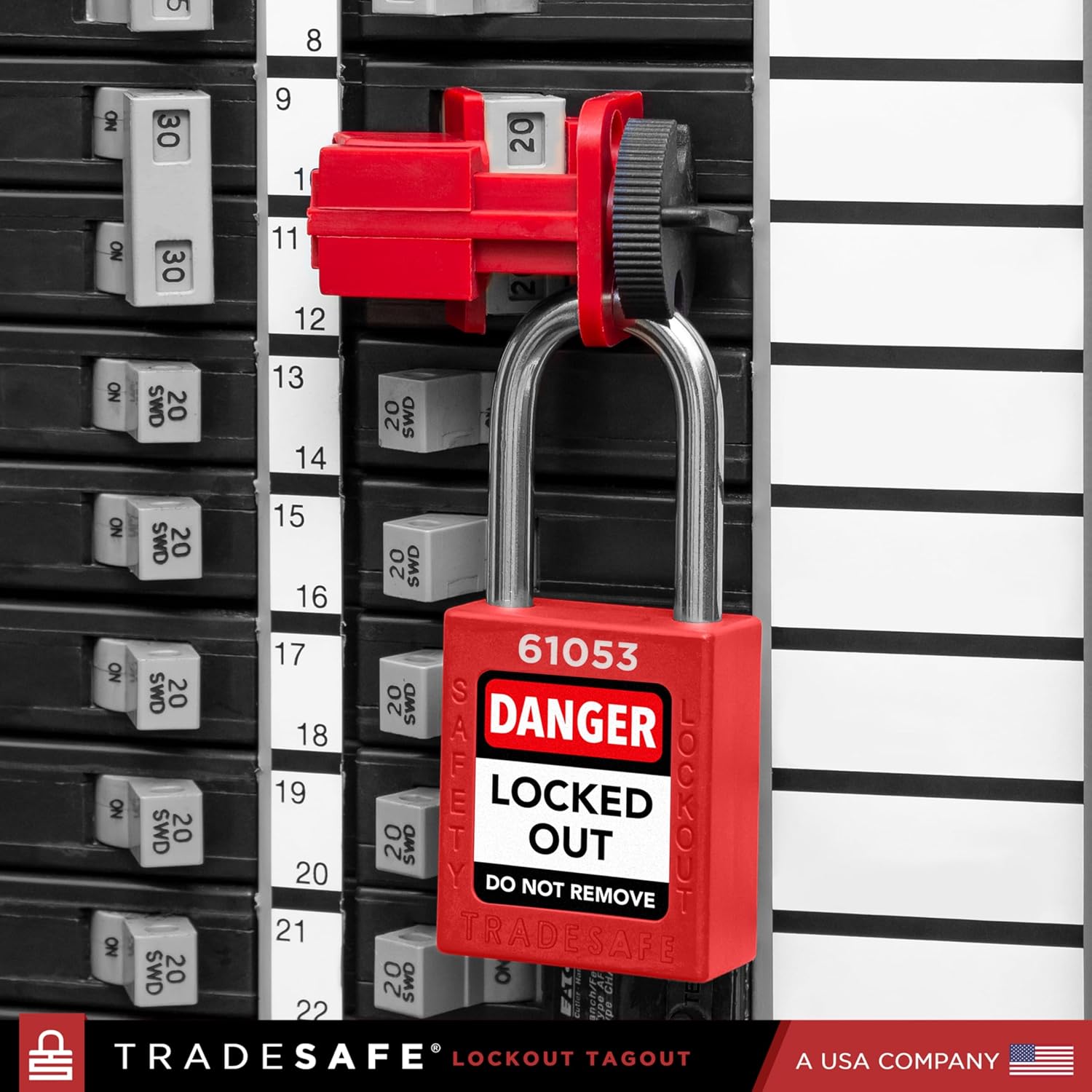 in-use image of loto universal breaker lock with red padlock