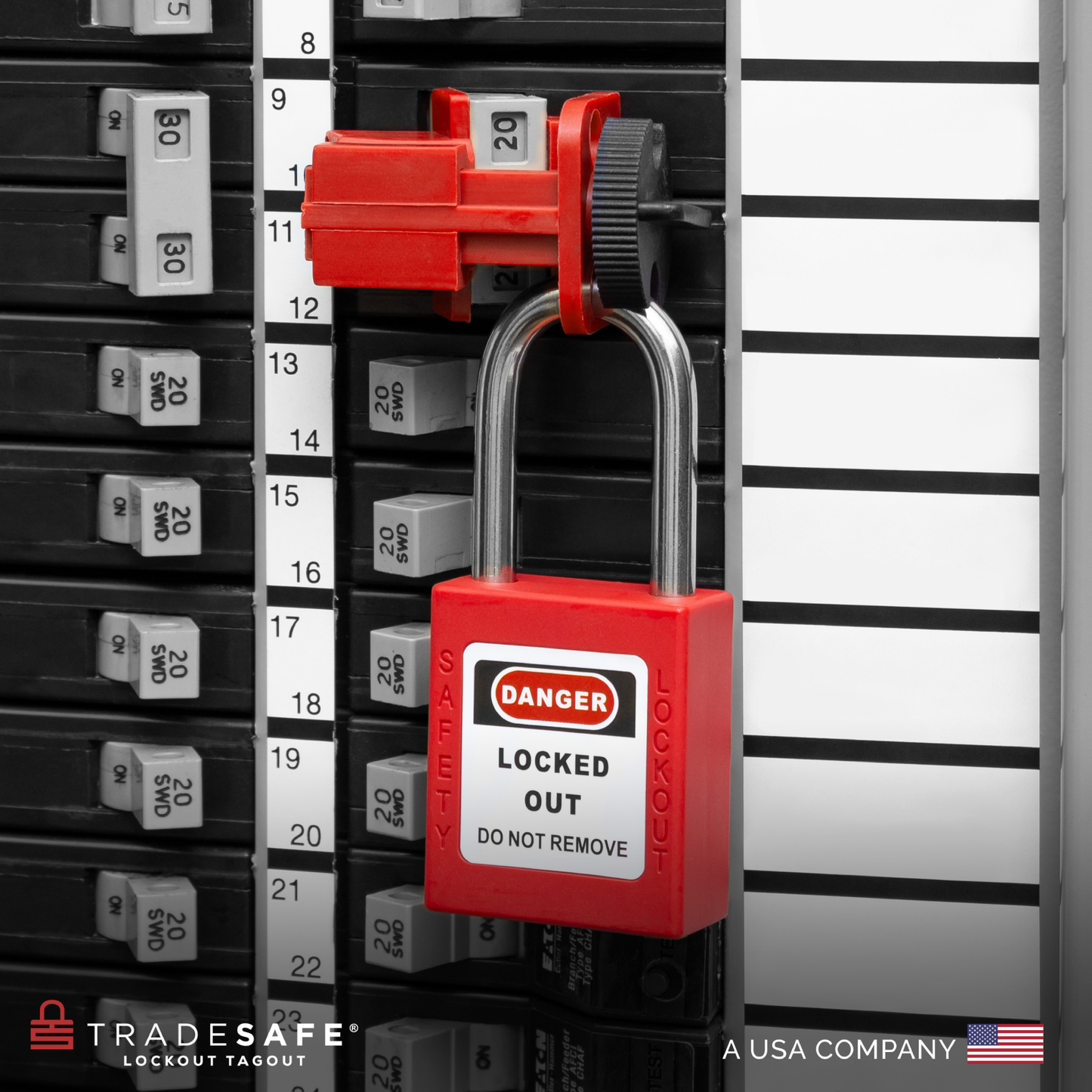 in-use image of loto universal breaker lock with red padlock
