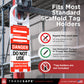 Tradesafe scaffold inspection tag holder  attached to a metal scaffolding structure. 