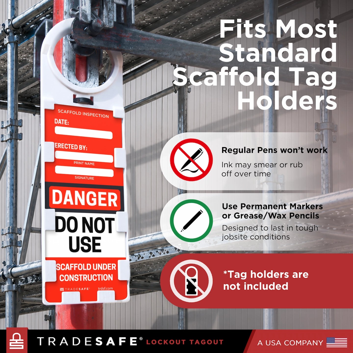 Tradesafe scaffold inspection tag holder  attached to a metal scaffolding structure. 