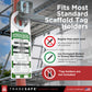 Tradesafe scaffold inspection tag holder  attached to a metal scaffolding structure. 