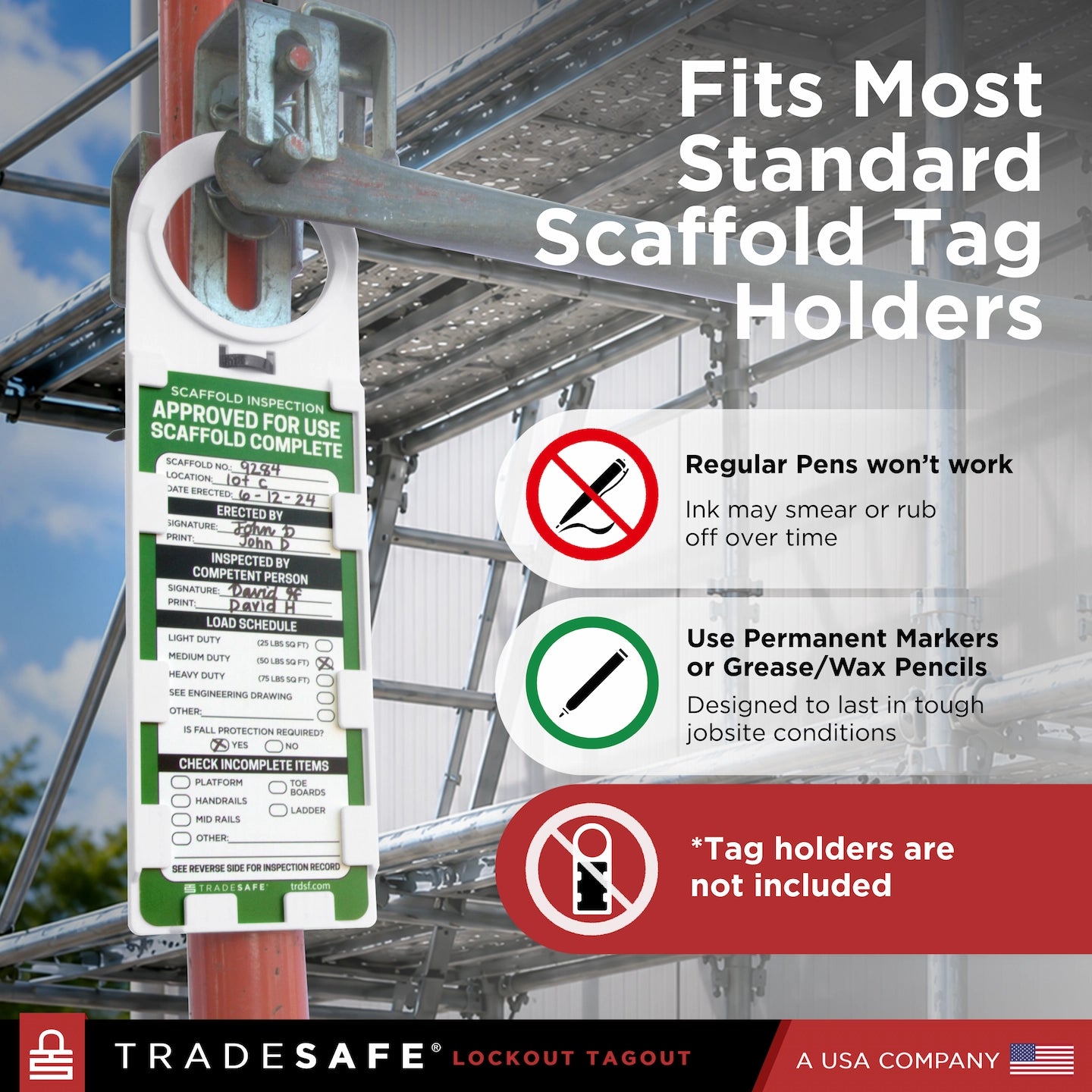 Tradesafe scaffold inspection tag holder  attached to a metal scaffolding structure. 