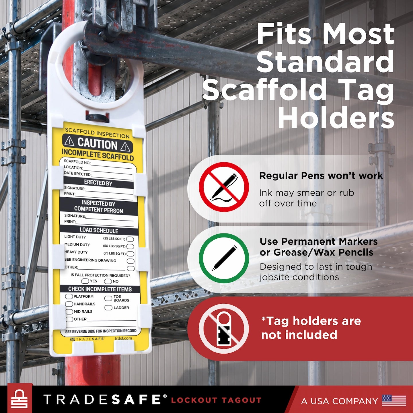 Tradesafe scaffold inspection tag holder  attached to a metal scaffolding structure. 