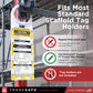 Tradesafe scaffold inspection tag holder  attached to a metal scaffolding structure. 