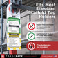 Tradesafe scaffold inspection tag holder  attached to a metal scaffolding structure. 