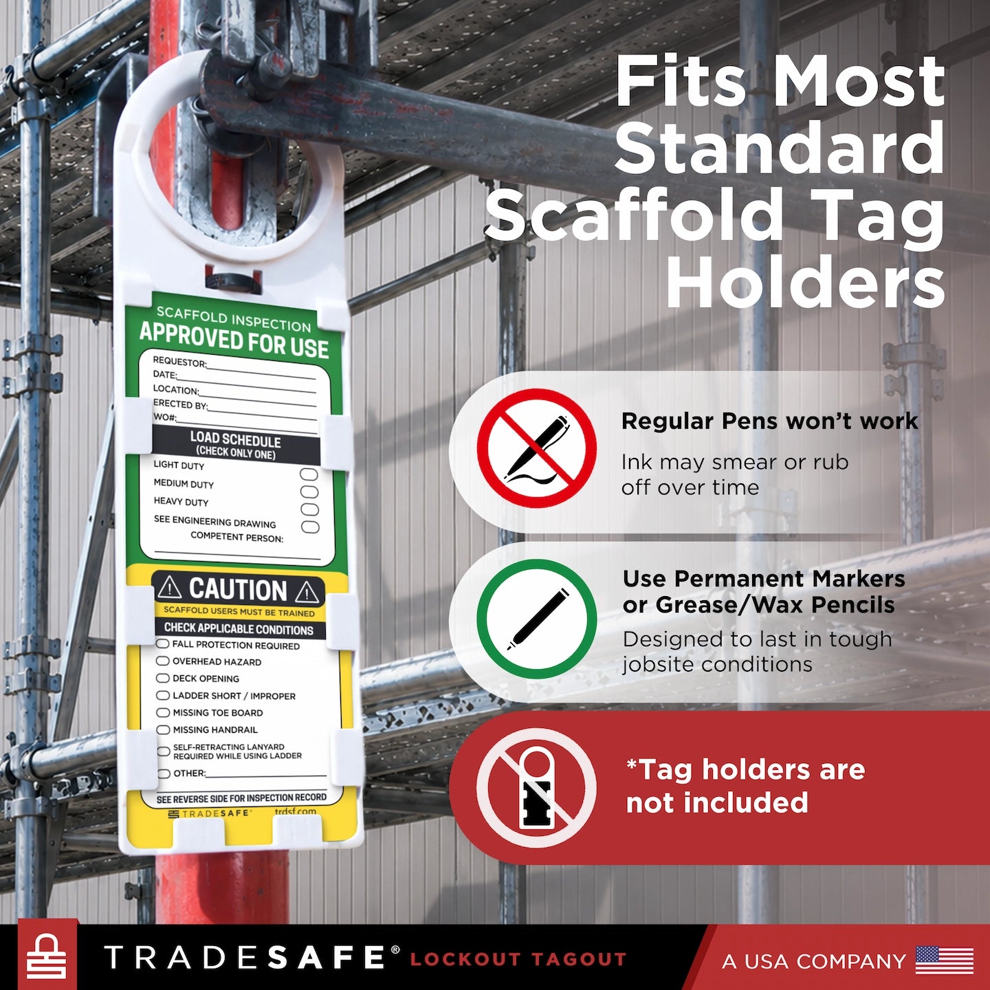 Tradesafe scaffold inspection tag holder  attached to a metal scaffolding structure. 