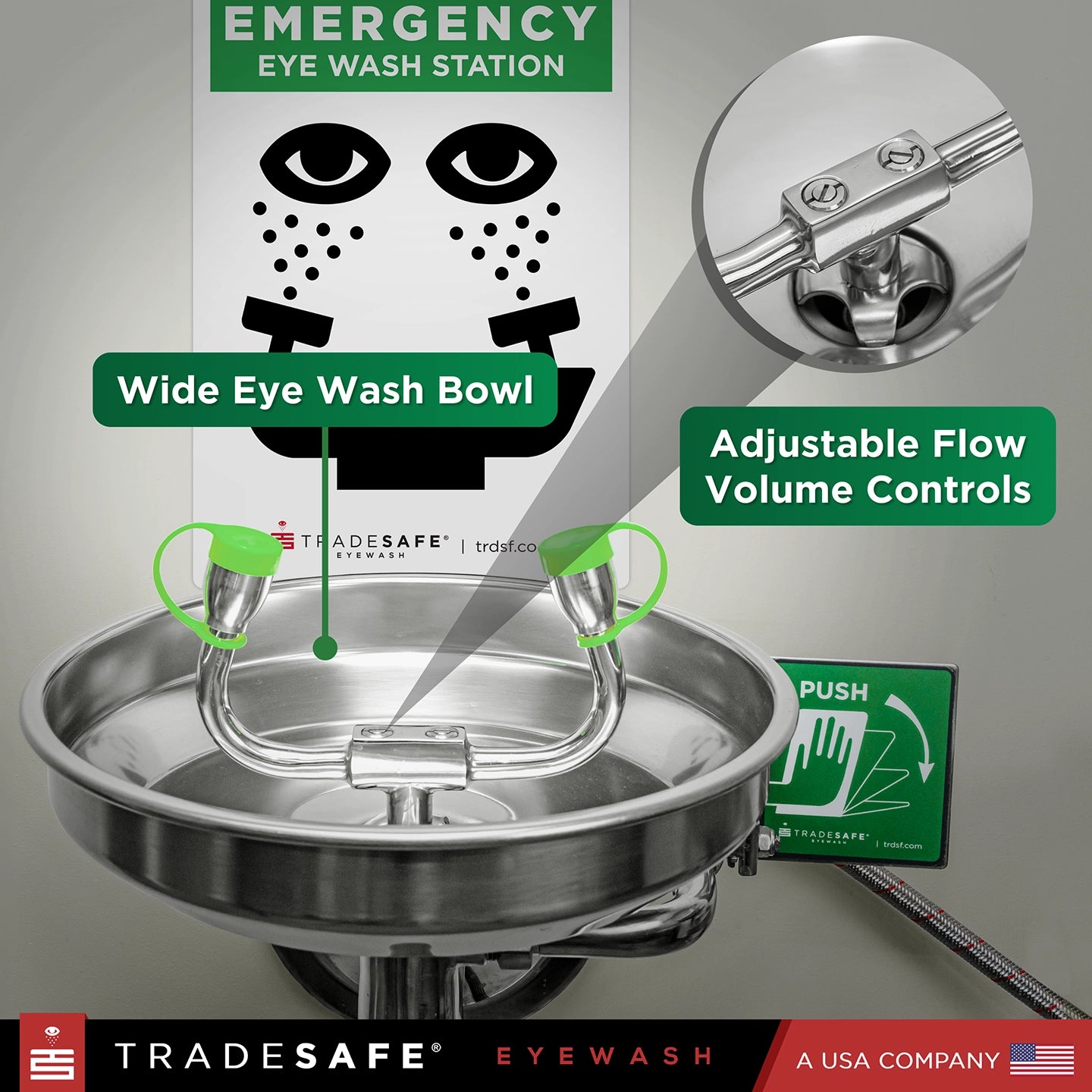 durable wide eye wash bowl and adjustable flor volume controls