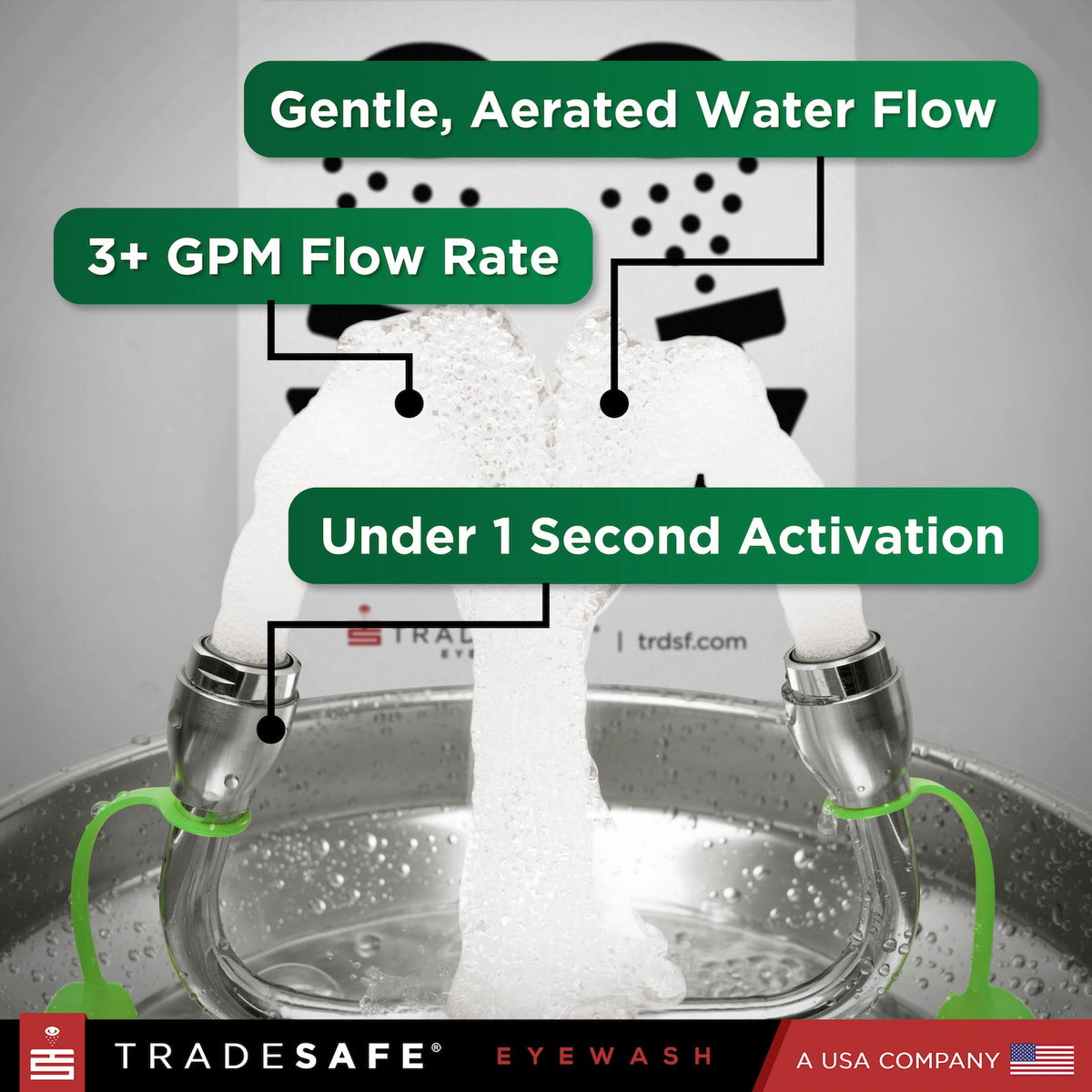 eyewash station with aerated water flor at 3+ GPM flow rate under 1 second activation