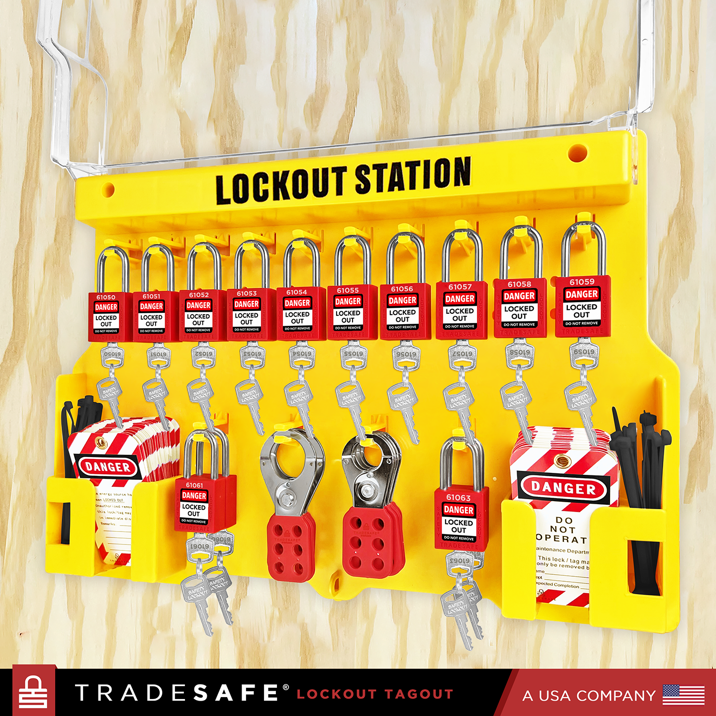 wall-mounted lockout tagout station stocked with loto devices