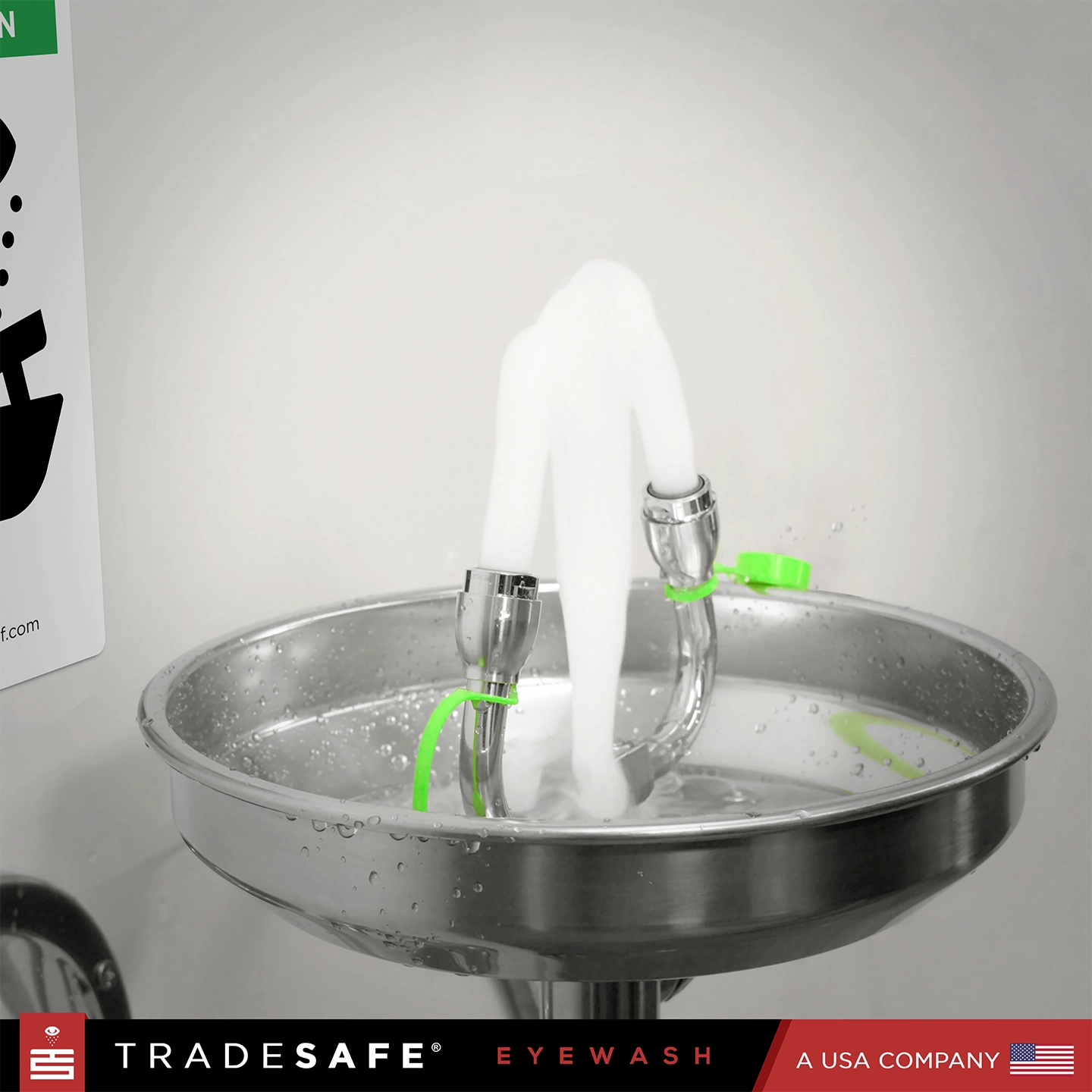 in use image of wall mounted eyewash station